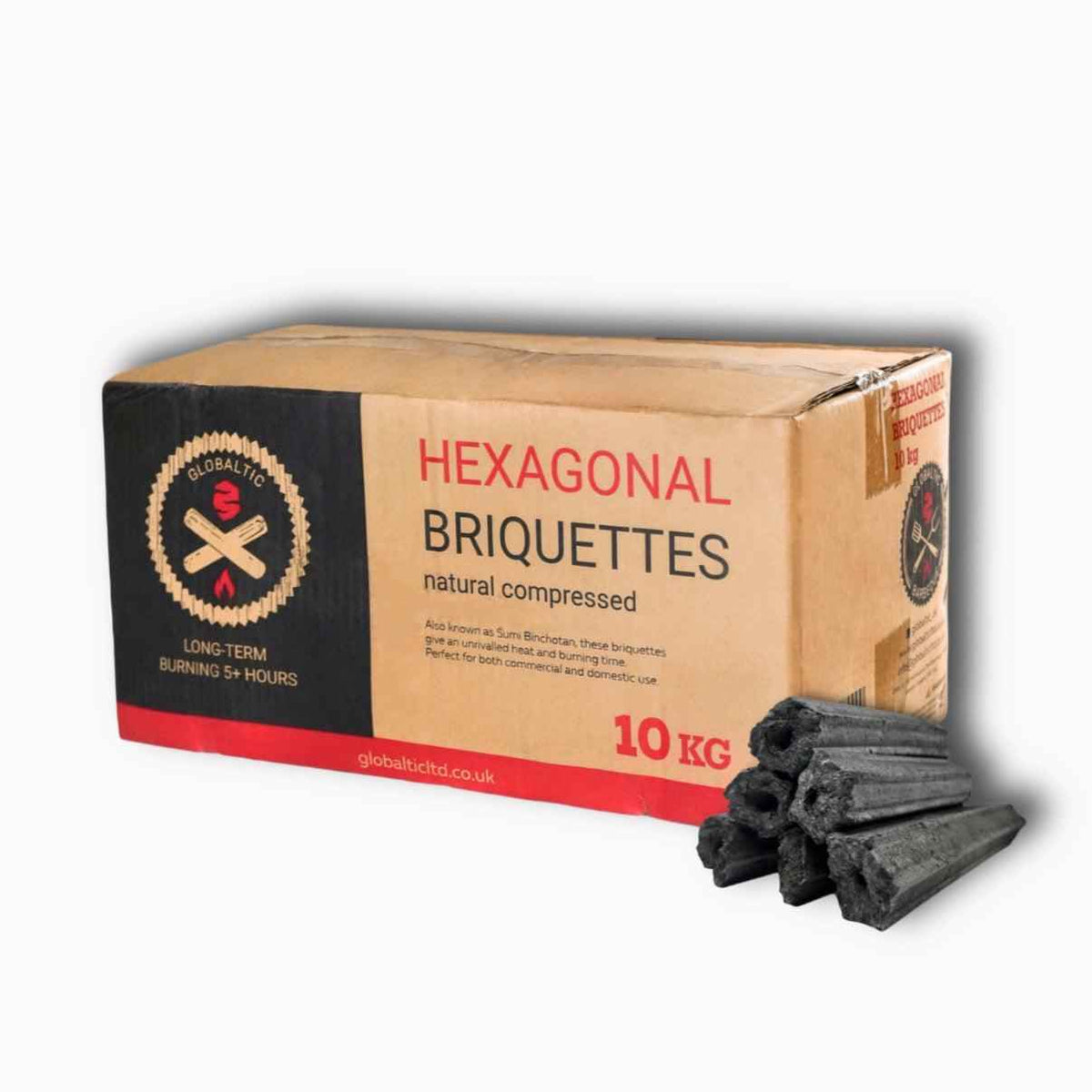 Natural compressed restaurant-grade charcoal briquettes in a 10kg box by Globaltic, suitable for grilling and barbecues.
