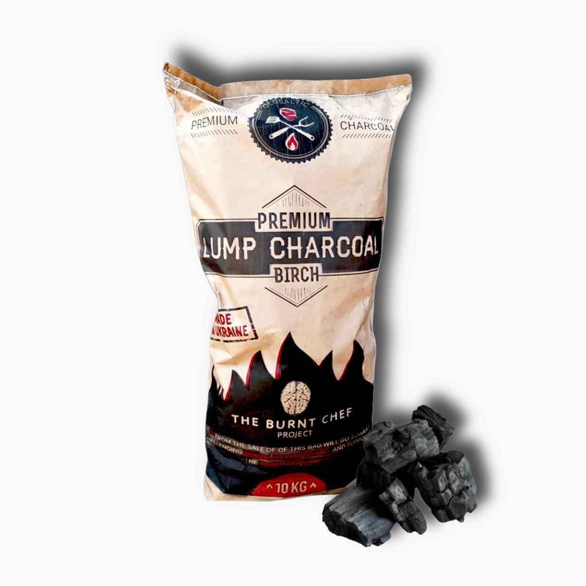 Two 10kg packs of Birch charcoal from The Burnt Chef Project by Globaltic, showing the sturdy black charcoal bags.