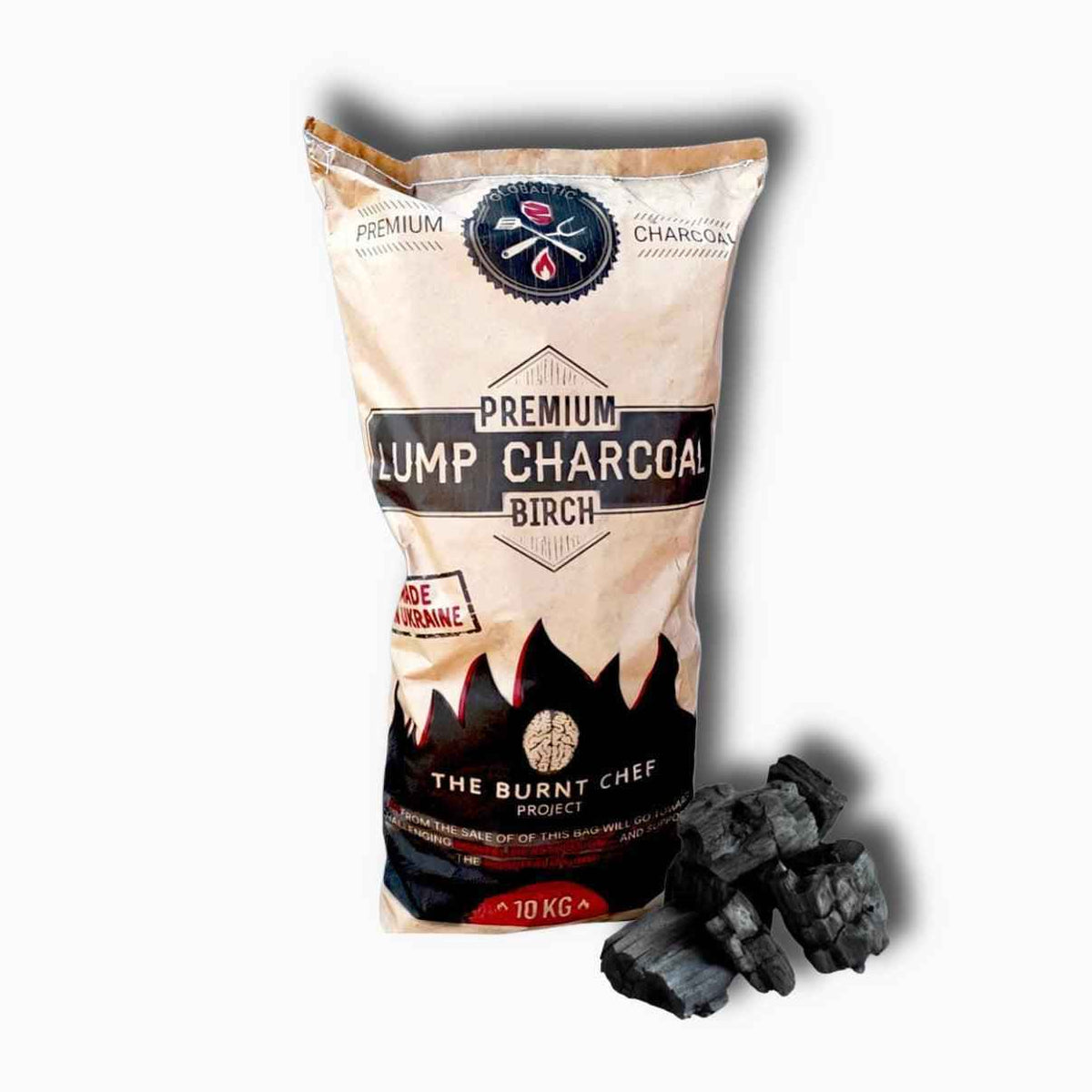 Four 10kg bags of Birch charcoal from The Burnt Chef Project by Globaltic, stacked with black charcoal bags and branding visible.