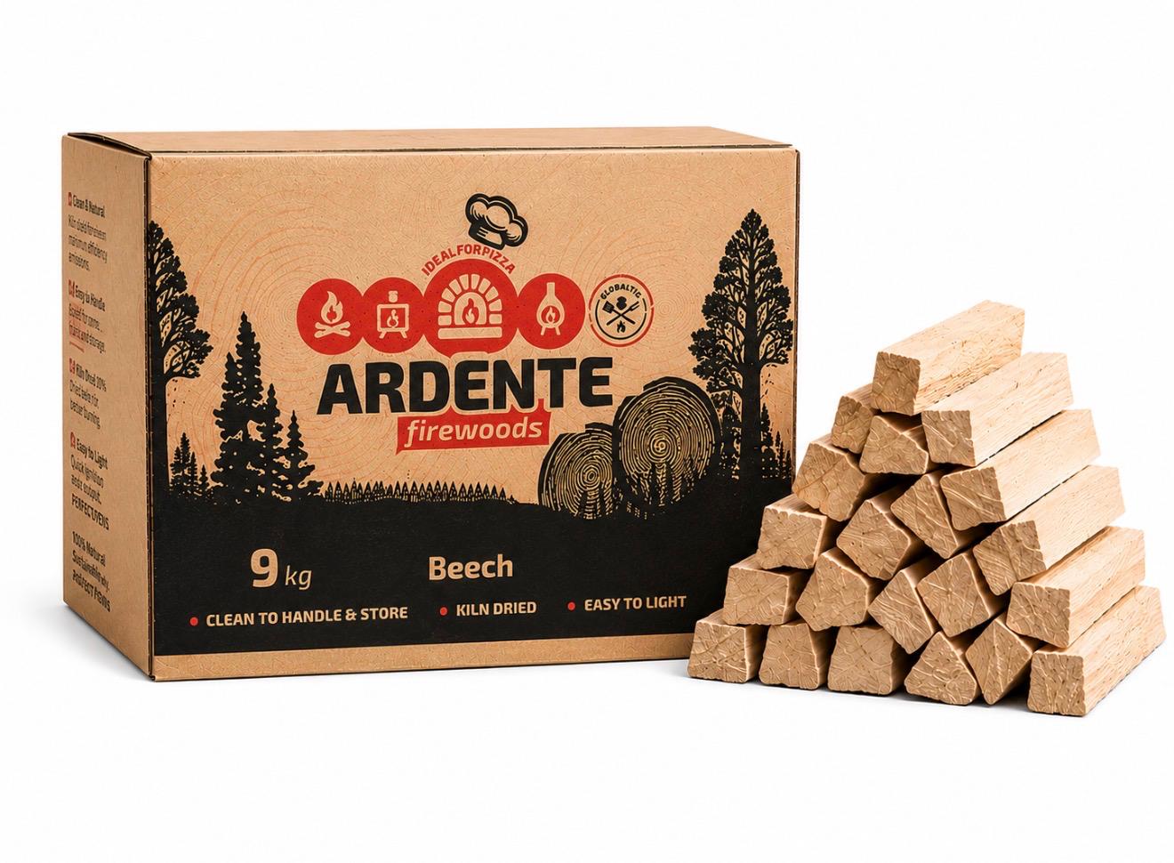 Globaltic Ardente Beech Pizza Oven Wood Kindling, 6kg or 9kg, neatly stacked in a basket for outdoor cooking and pizza oven fires.