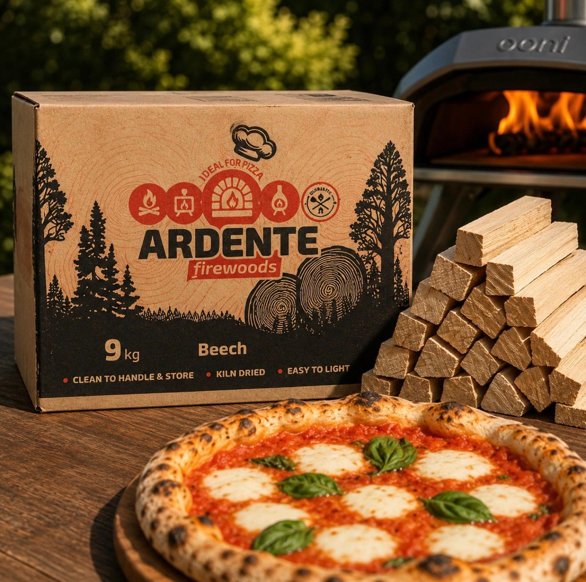 Globaltic Ardente Beech Pizza Oven Wood Kindling in 6kg or 9kg packs, showing neatly stacked beech wood for cooking fires.