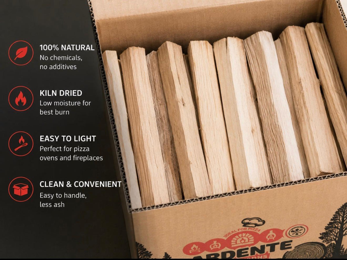 Globaltic Ardente Beech Pizza Oven Wood Kindling, 6kg or 9kg, showing neatly stacked beech wood for pizza oven ignition.