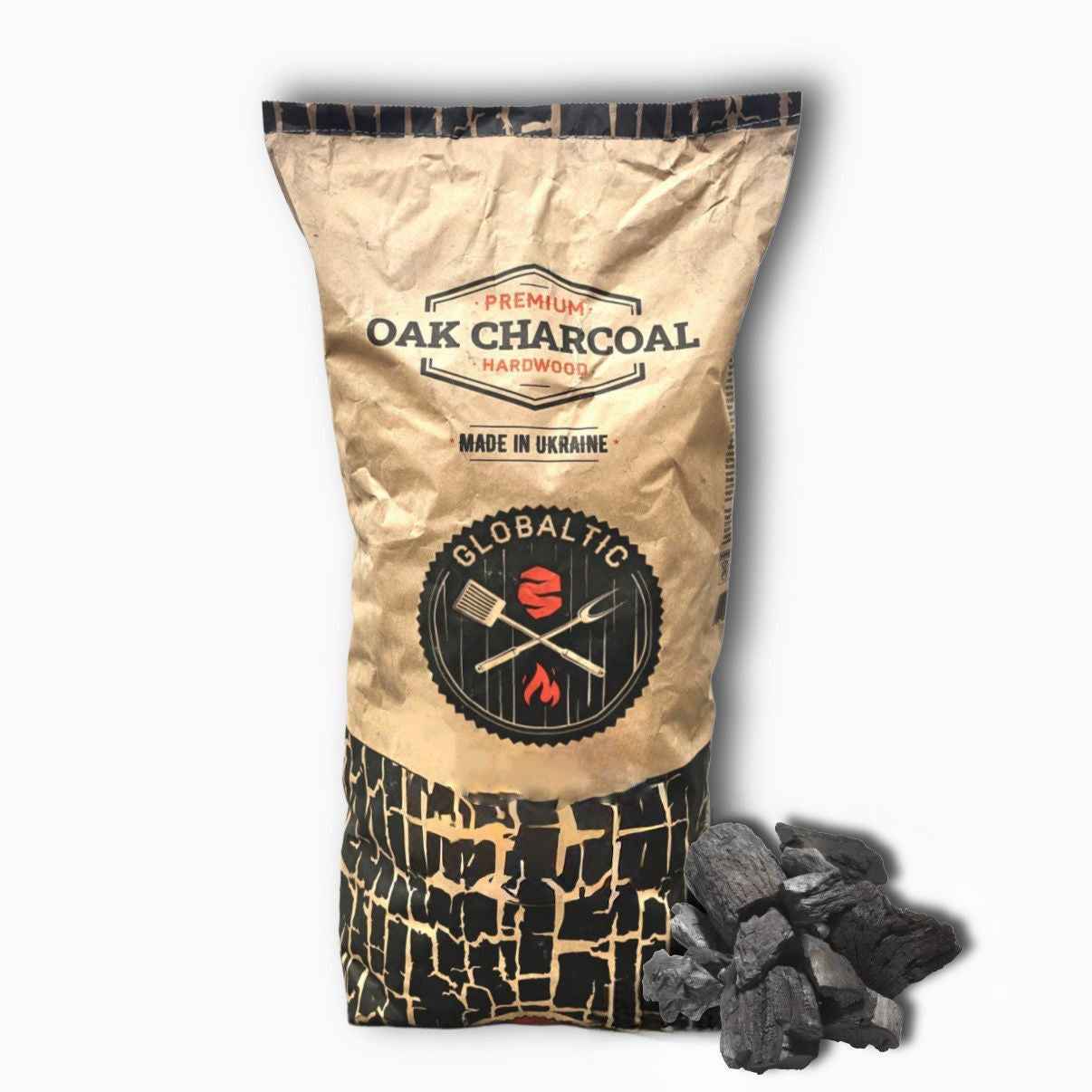 Globaltic Oak Lumpwood Charcoal pack, 10kg x4, showing four bags of natural hardwood charcoal for grilling or barbecuing.