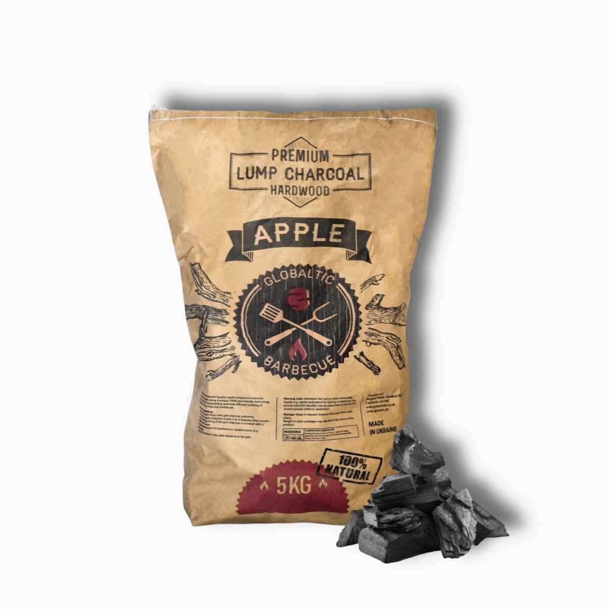 Globaltic Apple Lumpwood Charcoal 5kg pack, natural wood charcoal for grilling and barbecues, fresh and high-quality product image