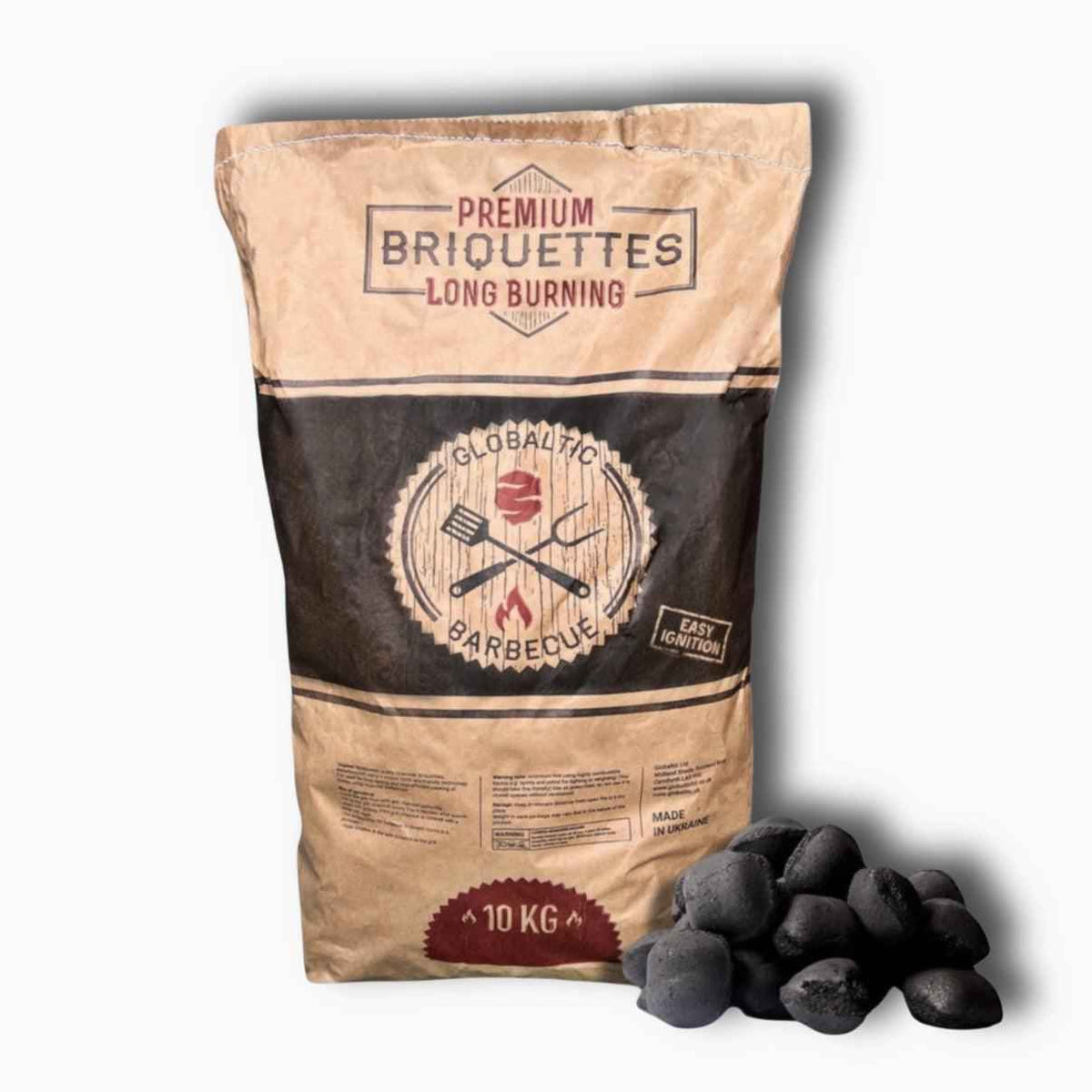Globaltic Birch Charcoal Briquettes 10kg pack, natural charcoal for grilling and barbecues, shown in a stack.