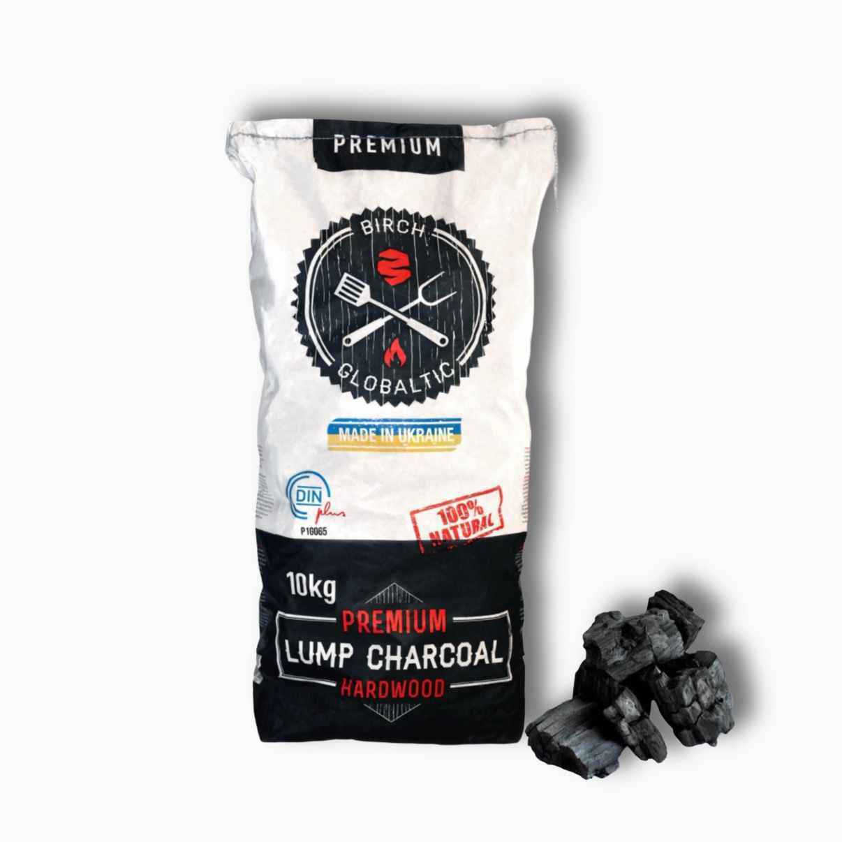 Globaltic Birch Lumpwood Charcoal pack showing 10 kg bags stacked, natural wood texture and black charcoal pieces visible.