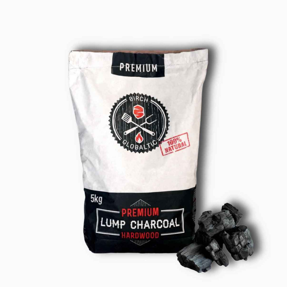 Two 5kg bags of Globaltic Birch Lumpwood Charcoal, showing the black charcoal chunks in each packaging.