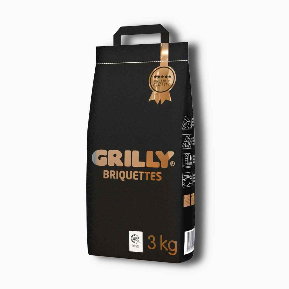 Globaltic Grilly charcoal briquettes pack with four 3kg bags, showing the black briquettes ready for grilling.
