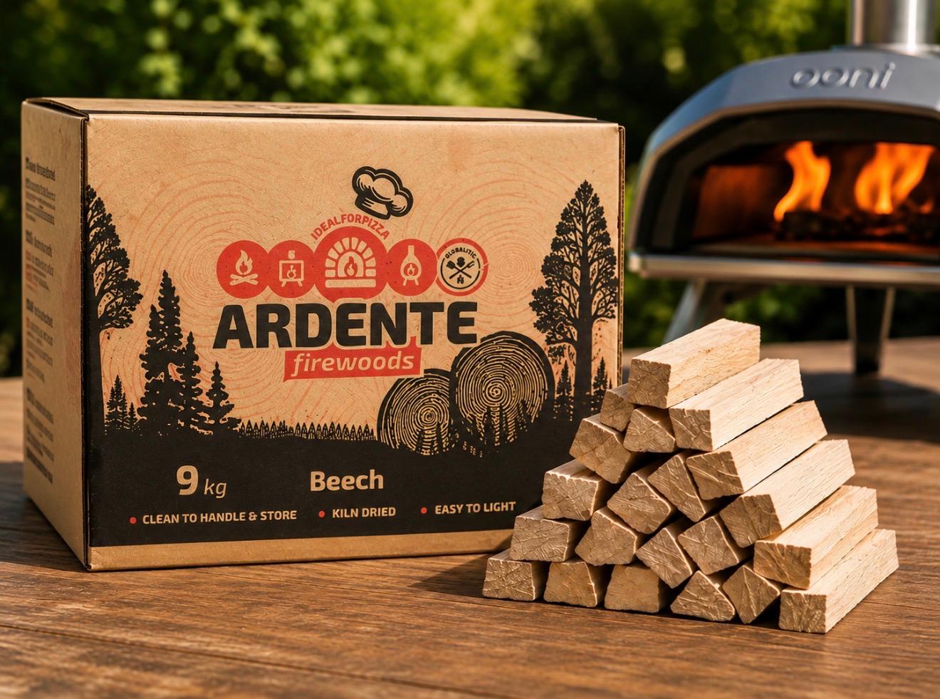 Globaltic Ardente Beech Pizza Oven Wood Kindling in 6kg or 9kg bags, showing neatly stacked beech wood logs for pizza oven heating.