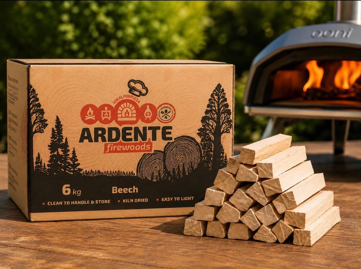 Globaltic Ardente Beech Pizza Oven Wood Kindling, 6kg or 9kg bag, showing neatly stacked beech wood kindling for pizza ovens.