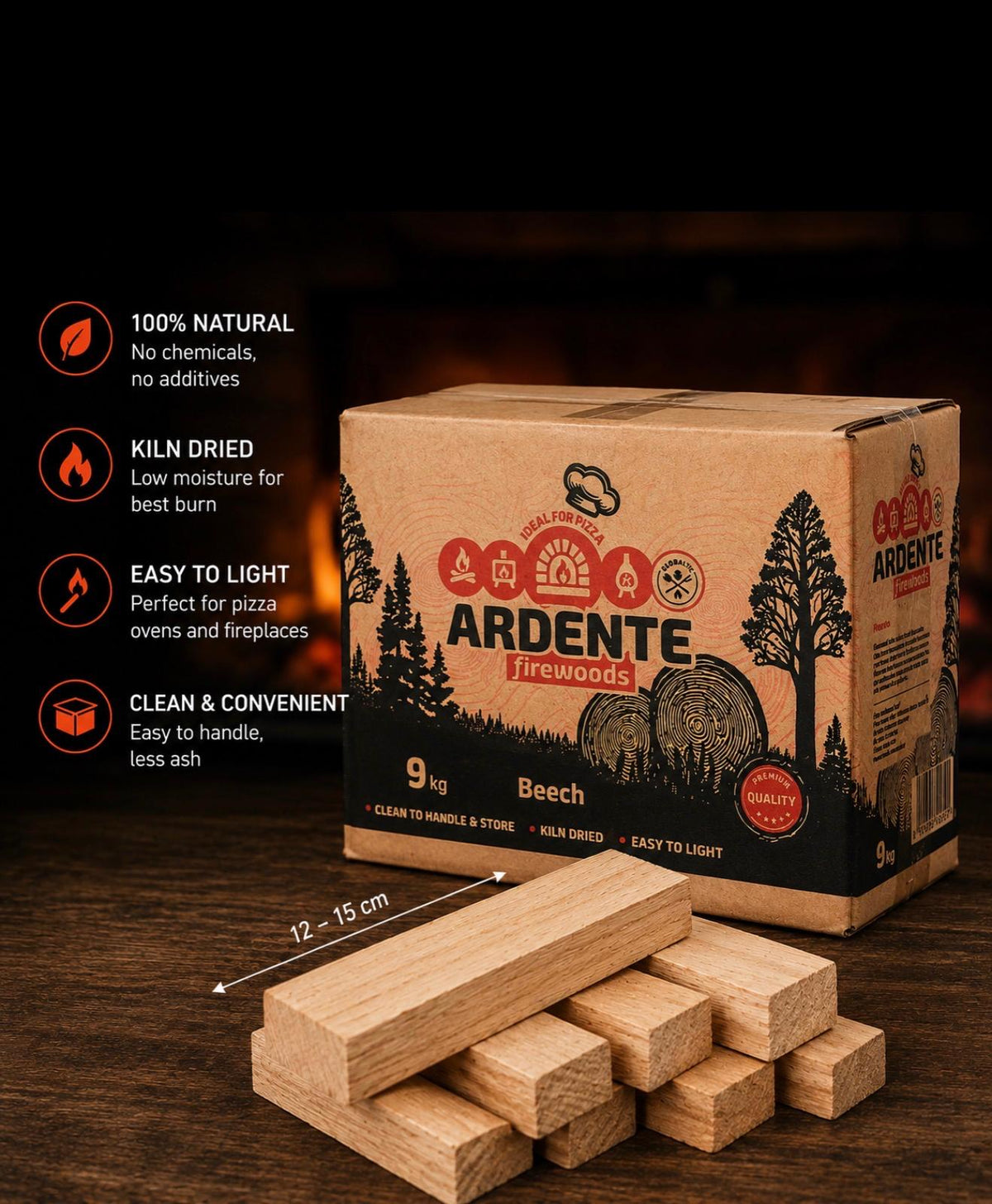 Globaltic Ardente Beech Pizza Oven Wood Kindling, 6kg or 9kg, showing neatly stacked beech wood logs for pizza oven ignition