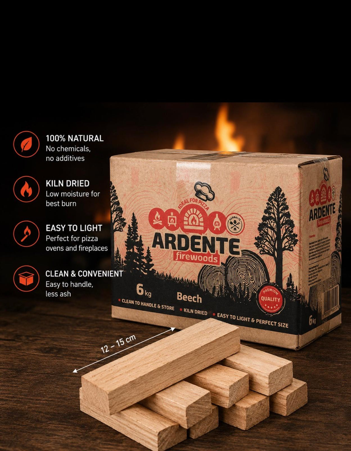 Globaltic Ardente Beech Pizza Oven Wood Kindling in 6kg or 9kg bags, showing neatly stacked beech wood for pizza ovens.