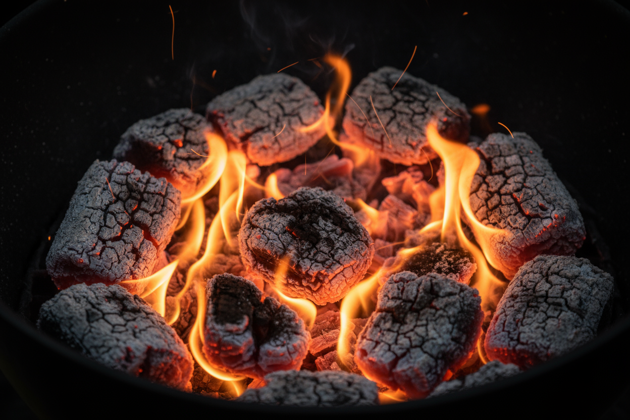 Macro photo of burning charcoal in a barbecue grill. Glowing embers and small, gentle flames flickering on the charcoal. Dark background, rich textures of the coal. Photorealistic, high detail.